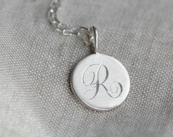 Hand Engraved Recycled Silver Initial Jewellery | Personalised Monogram Pendant Disc Necklace