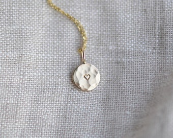 Recycled 9ct Gold Heart Necklace | Hammered Solid Gold Disc Pendant