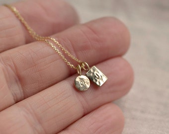 Solid Gold Tiny Personalised Pendant Necklace | Recycled Gold Mini Disc Tag Pendant | 9ct Gold Little Initial Necklace