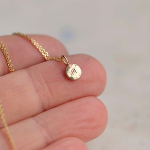 Pu&ograve; includere: Una collana color oro con una catenina sottile e un piccolo ciondolo rotondo dalla texture martellata. Il ciondolo presenta la lettera maiuscola M impressa al centro. Il metallo ha una finitura lucida e una calda tonalit&agrave; giallo metallico.