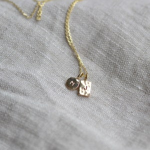 Pu&ograve; includere: Una collana color oro con due piccoli ciondoli appesi a una catenina sottile. Un ciondolo &egrave; un disco circolare con la lettera M impressa, l'altro &egrave; un pendente rettangolare con una texture martellata e la lettera J impressa sopra.