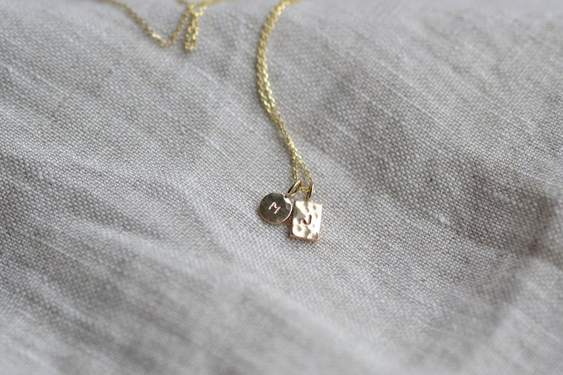 Pu&ograve; includere: Una collana color oro con due piccoli ciondoli appesi a una catenina sottile. Un ciondolo &egrave; un disco circolare con la lettera M impressa, l'altro &egrave; un pendente rettangolare con una texture martellata e la lettera J impressa sopra.