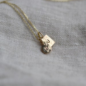 Pu&ograve; includere: Una collana color oro con due piccoli ciondoli in metallo martellato appesi a una catenina sottile. Un ciondolo &egrave; quadrato con la lettera J impressa, l'altro &egrave; un disco circolare con la lettera M impressa sulla superficie.