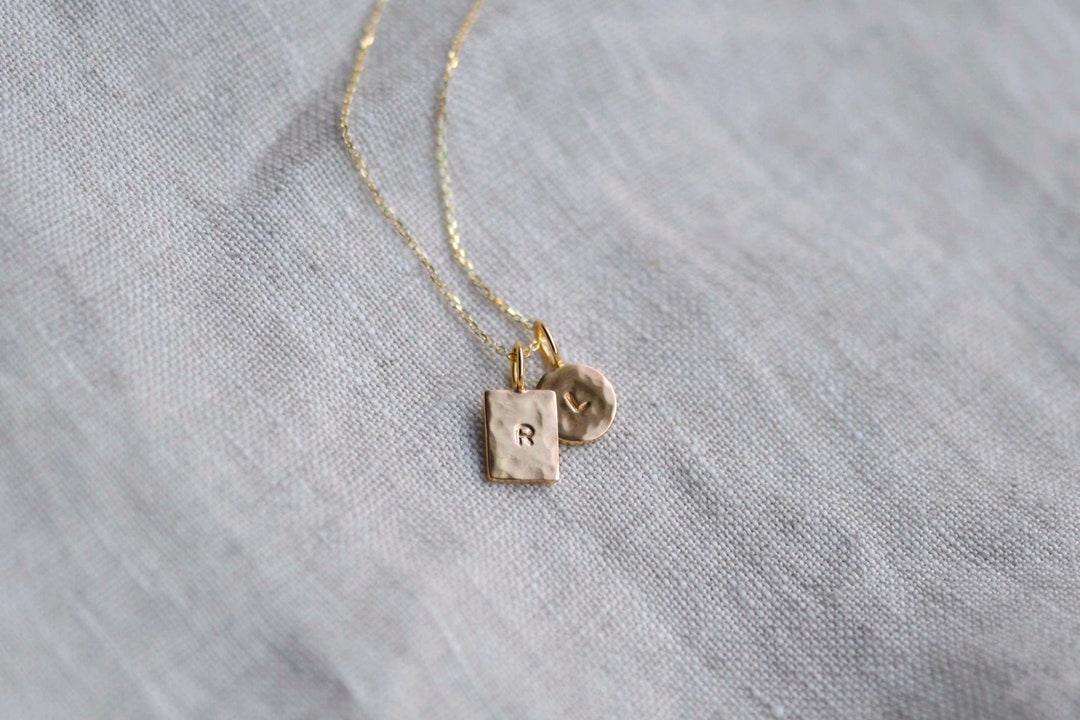 Recycled 9ct Gold Initial Pendant Necklace Hammered Disc Tag - Main Image