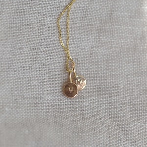 Pu&ograve; includere: Una collana color oro con due piccoli ciondoli circolari e piatti sospesi a una catenina sottile. Ogni ciondolo &egrave; stampato con una singola lettera maiuscola, uno mostra la lettera H e l'altro mostra la lettera M.