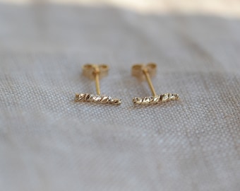 Luna Solid Gold Textured Line Studs | Rustic Recycled 9ct Gold Bar Studs | Organic Gold Everyday Stud Earrings
