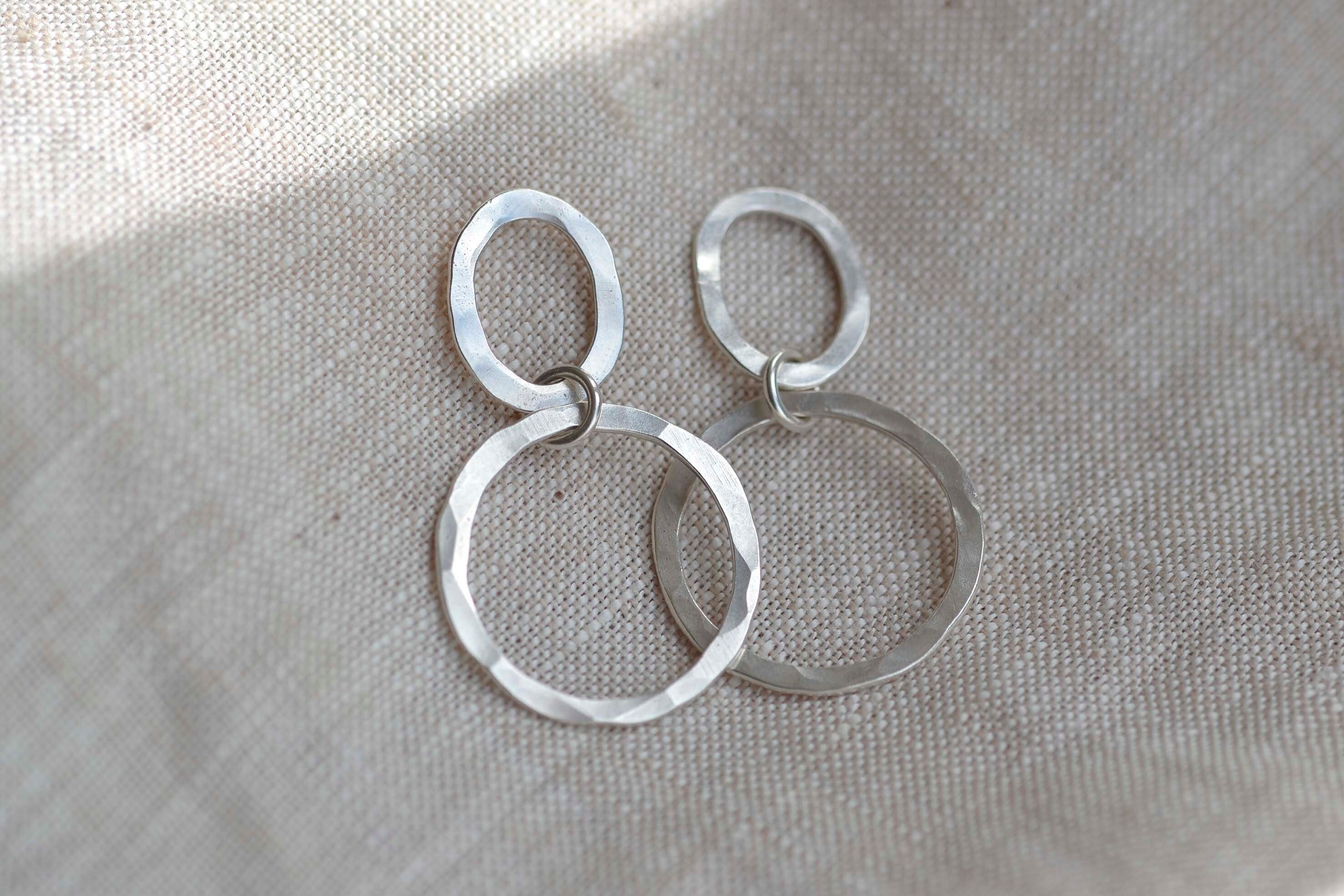 Horizon Double Hoop Recycled Silver Hammered Earrings | Drop Circle Textured