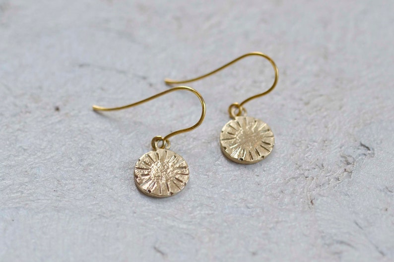 Sunshine Solid Gold Disc Earrings Recycled 9ct Gold Textured Drop Earrings Real Gold Dangle and Drop Earrings image 1