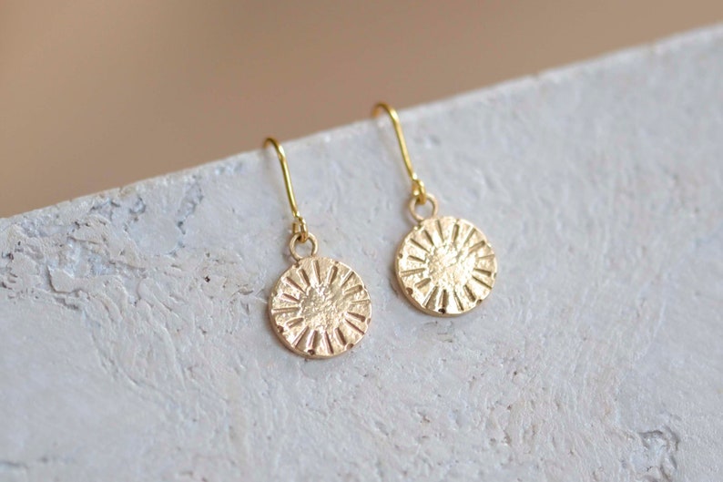 Sunshine Solid Gold Disc Earrings Recycled 9ct Gold Textured Drop Earrings Real Gold Dangle and Drop Earrings image 4