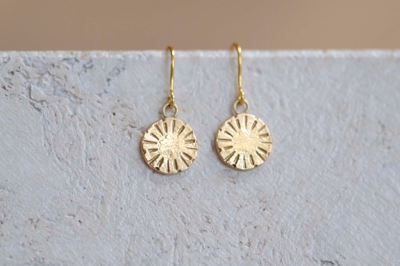 Sunshine Solid Gold Disc Earrings Recycled 9ct Gold Textured Drop Earrings Real Gold Dangle and Drop Earrings image 3