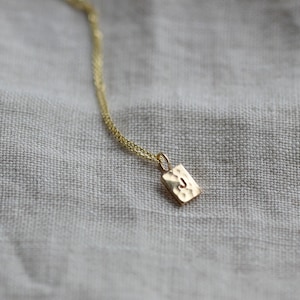 Pu&ograve; includere: Una collana color oro con un piccolo ciondolo rettangolare dalla superficie martellata e testurizzata. Il ciondolo &egrave; stampato con la lettera J ed &egrave; fissato a una sottile catenina color oro che si estende verso l'alto dal ciondolo.