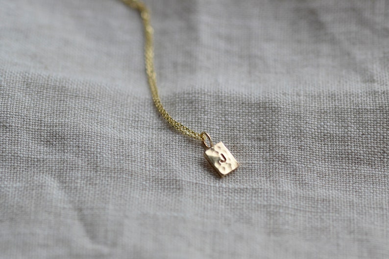 Pu&ograve; includere: Una collana color oro con un piccolo ciondolo rettangolare dalla superficie martellata e testurizzata. Il ciondolo &egrave; stampato con la lettera J ed &egrave; fissato a una sottile catenina color oro che si estende verso l'alto dal ciondolo.