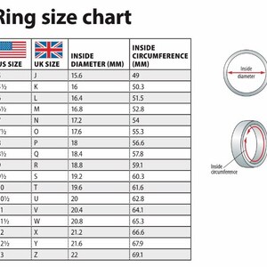 May include: A ring size chart showing US and UK ring sizes, inside diameter in millimetres, and inside circumference in millimetres. The chart includes a visual representation of a ring with labels for inside diameter and inside circumference.