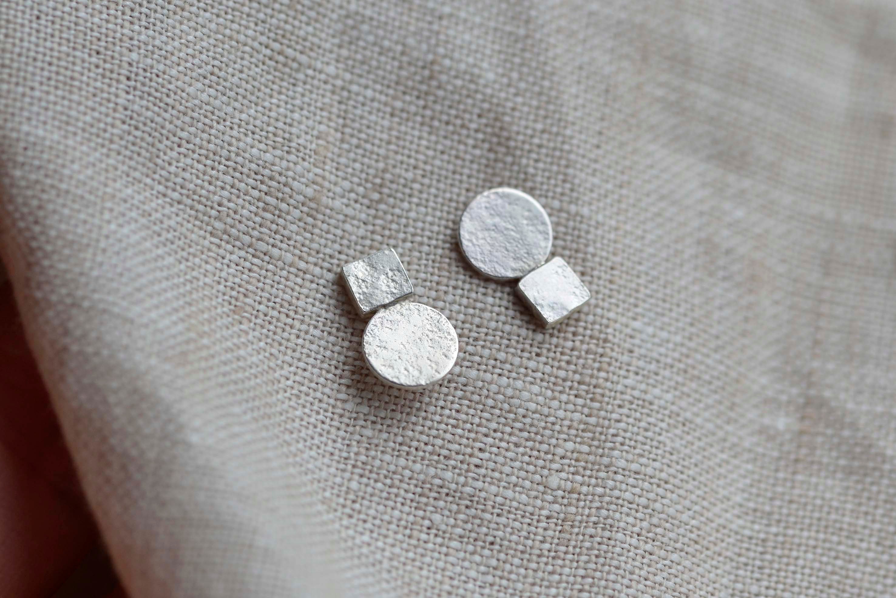 Play Shapes Stud Earrings | Organic Circle Square Textured Recycled Silver Everyday