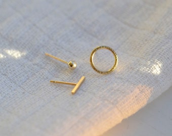 Set of 3 Recycled 9ct Gold Stud Selection | Simple Pure Gold Everyday Studs | Minimalist Gold Studs | Mismatching Gold Stud Earrings