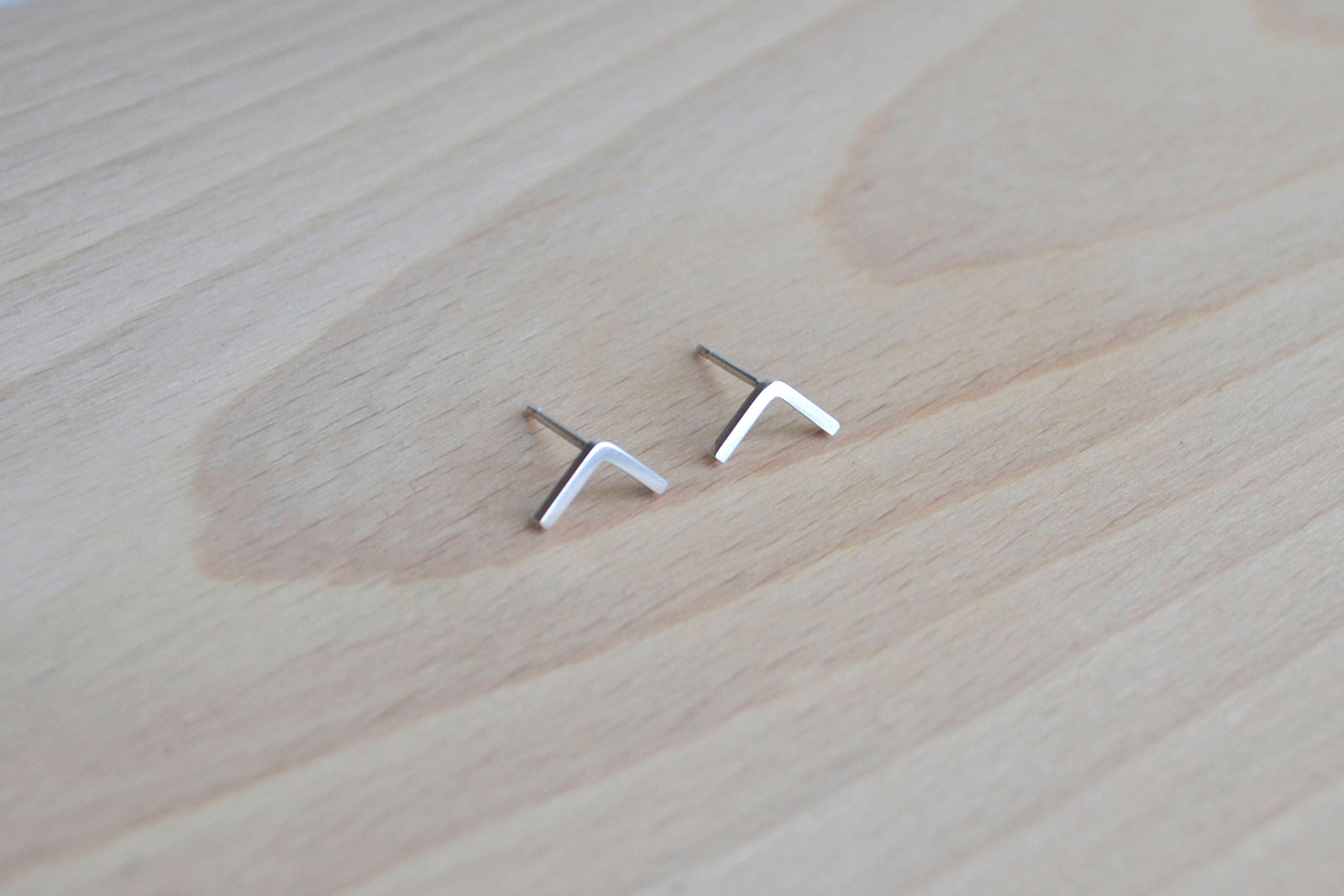 Sterling Silver Chevron Ear Studs | Arrow Earrings Thin Geometric Stud Minimalist