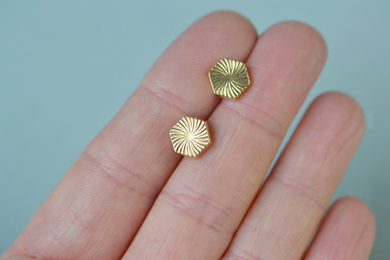 Gold Vermeil Hexagon Deco Ear Studs Small Sunburst Style Earrings Gold Hexagon Earrings Starburst Hexagon Stud Earrings