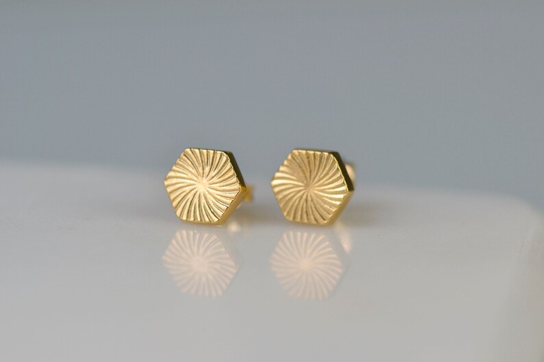 Gold Vermeil Hexagon Deco Ear Studs Small Sunburst Style Earrings Gold Hexagon Earrings Starburst Hexagon Stud Earrings
