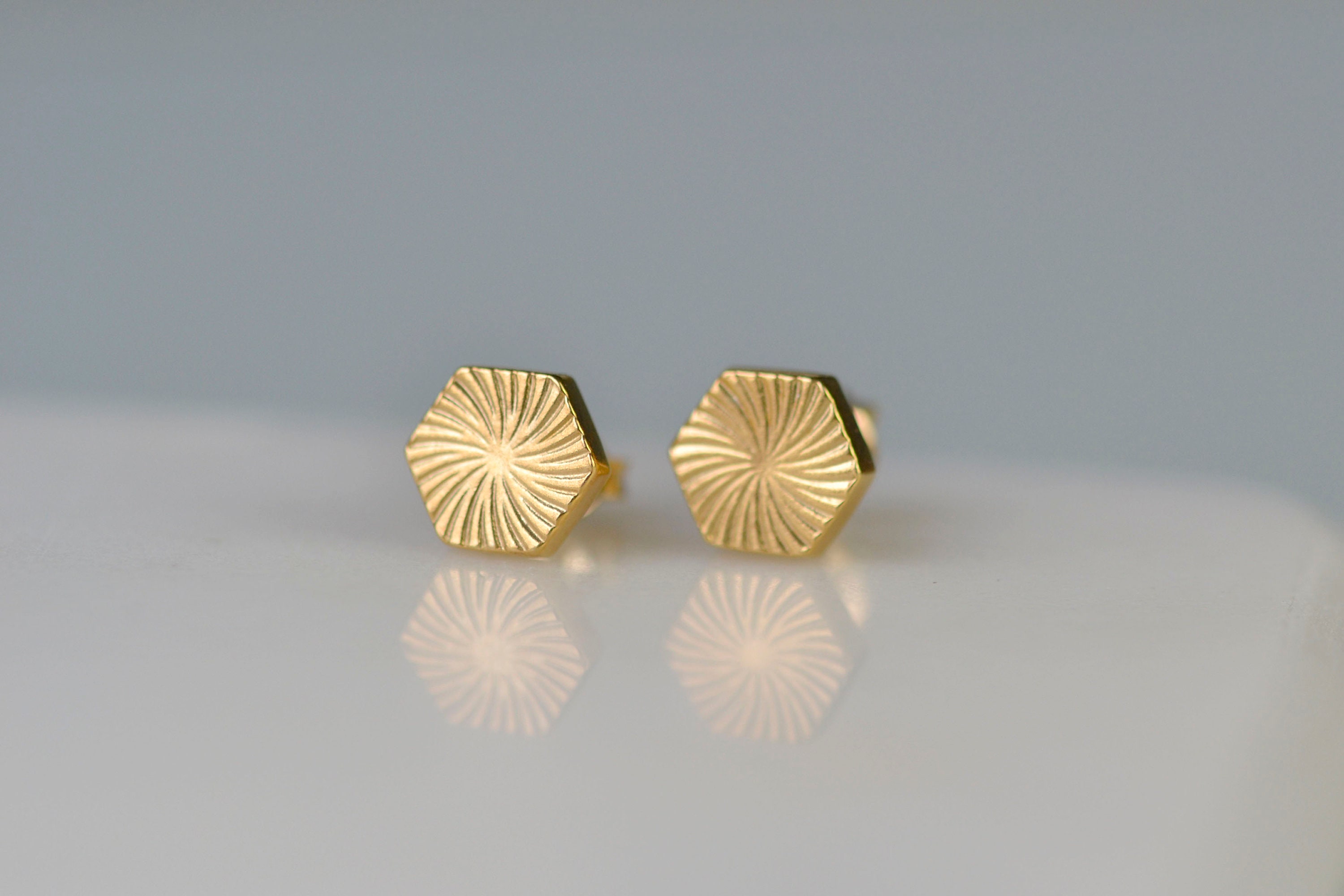 Starburst Hexagon Stud Earrings | Gold Vermeil Deco Ear Studs Sunburst Style