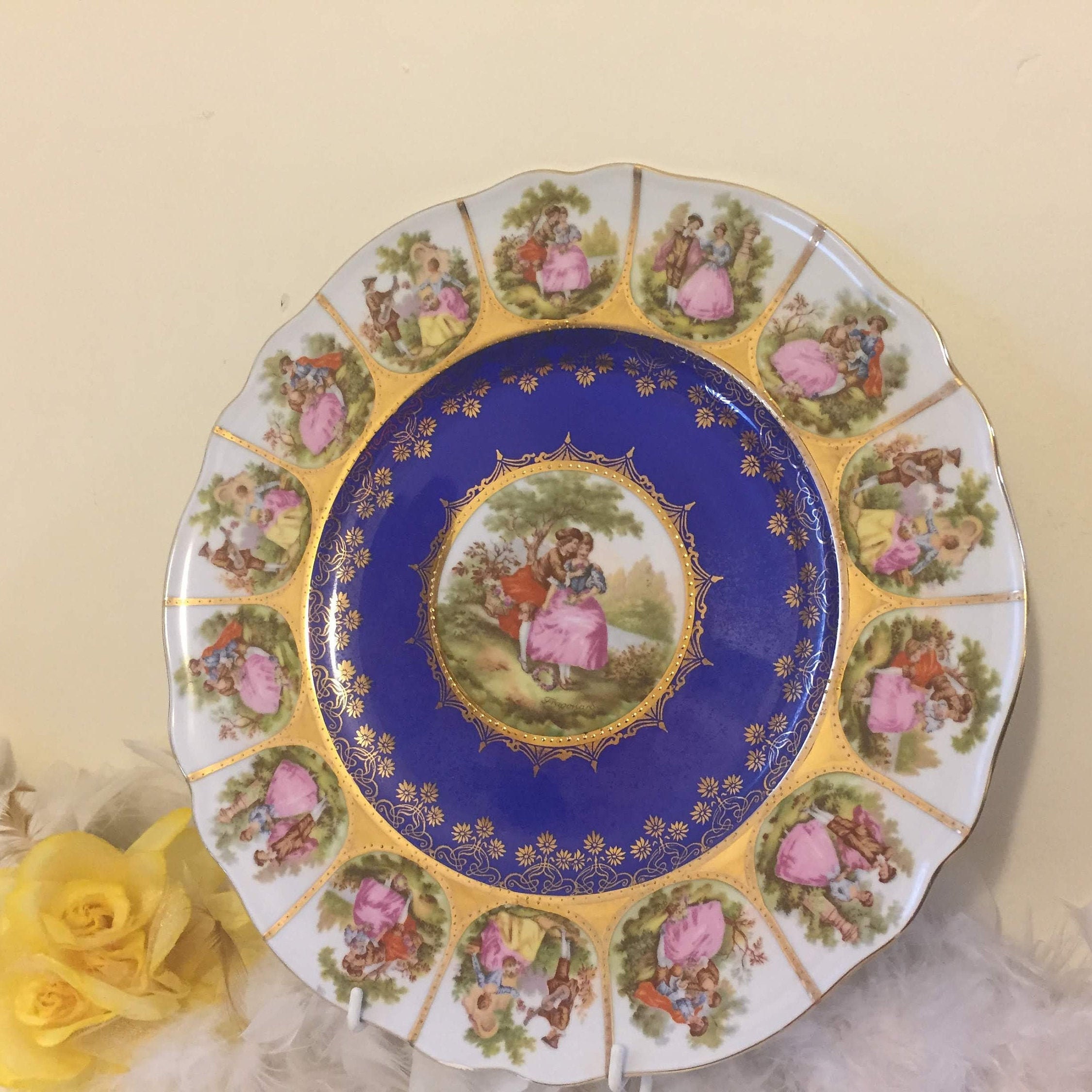 2.95 plate Vintage Limoges blue plate with Fragonard and gold gilt vine