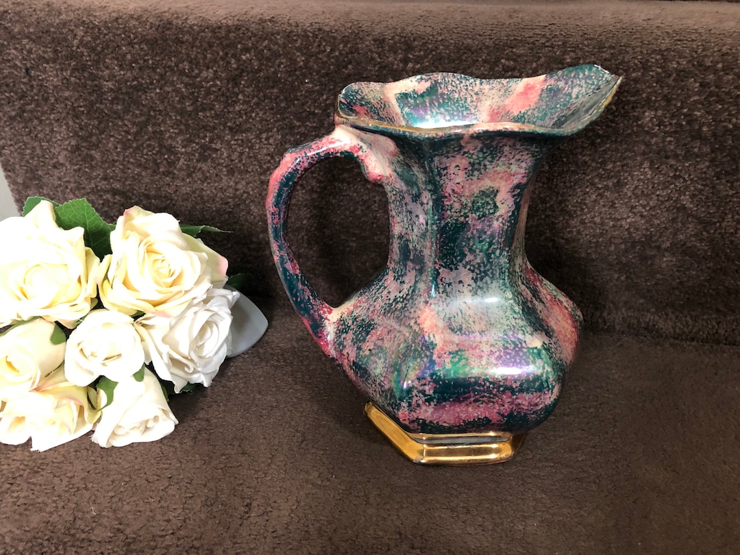Vintage Govancroft Vase With Gold Base, Pink & Green Vase With Handle
