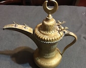 Antique Vintage Islamic Dallah Arabic Turkish Finjan Brass Coffee Tea Pot Middle Eastern Rare Gem Moon Symbol Carved Birds Etched Bronze