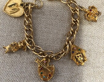 Rare Vintage Charm Bracelet Artist bracelet Thick Chunky Gold chain multi link chain