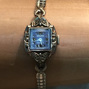 Vintage Gruen Very-thin Ladies Gold Diamond Wrist Watch Bracelet 10K Gold Filled Gem Petite Women&#39;s Young Lady Small Collectible
