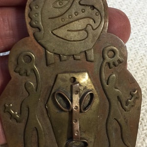 Massive Mexico Mixed Metal Pendant Copper Brass Gold Charm Sun Bird Tribal Face Mask Warrior God Aztec Signed Triangle Brutalist Rare