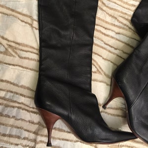 Fendi Leather Boots knee High Leather Wood Knee High Boots Designer Couture Runway Euro 39 Italy 8.5 Rich Wood Heel