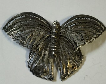 Broche Vintage Papillon Signée Emmons - Métal Filigrane Argenté, Bijou Ancien De Collection
