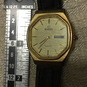 Stunning Vintage Elgin Watch Quartz Yellow Gold Black Octagon face Band Leather Calendar Wrist Watch Plated Masterpiece