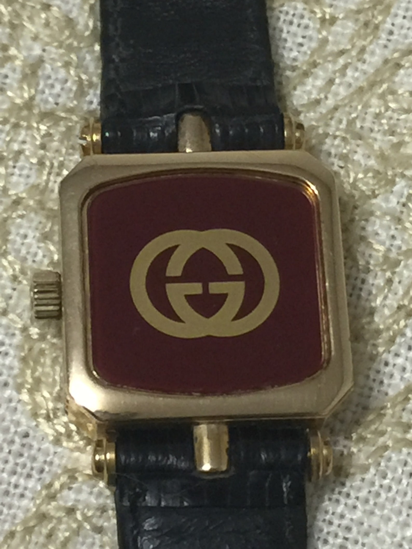 Vintage Gucci Watch Gold Gucci Stacked Watch Black Band Enamel Green