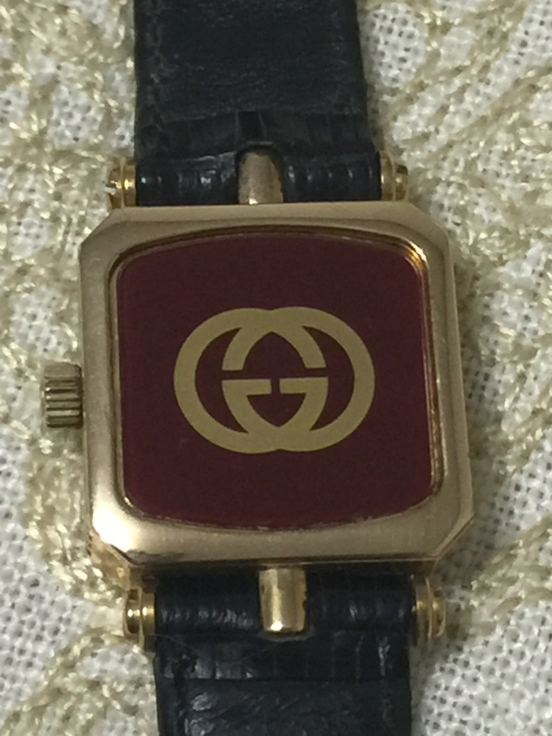 Vintage Gucci Watch Gold Gucci Stacked Watch Black Band Enamel Green