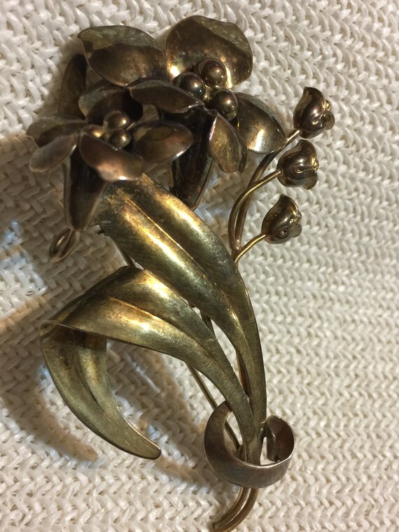 Gold Floral Brooch Pin Vintage Silver & Vermeil 1… - image 6