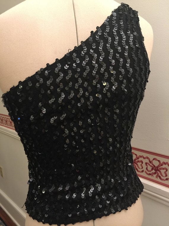 Vintage Cut Out Top Jeweled Black Sequin Top Shee… - image 7