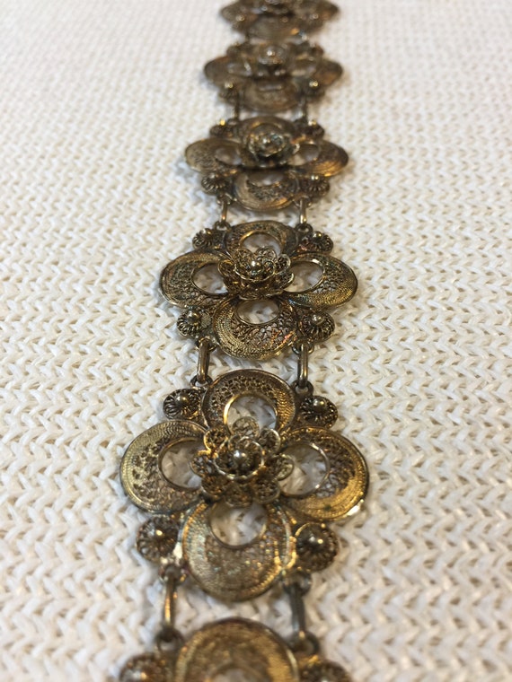 Vintage Antique Spun Filigree Silver Vermeil Link Bracelet and Brooch Set Floral Scrollwork Art Deco
