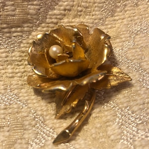 Vintage MARCEL BOUCHER Rose Brooch Signed Numbered Gold Rose Pearl brooch