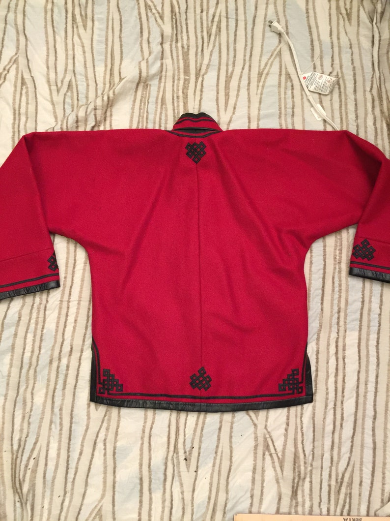 OOAK Stunning Vintage Red Wool Coat Asian Toggle Leather Trimmed Coat Blazer Top Mock Neck Mongolian Felt Silver Brass Buttons
