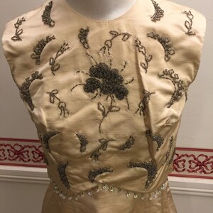 Vintage Gold Dress set Couture Wedding Dress Luxury Lined Sheath Silk Encrusted Top Beaded 2 piece Set Lot Kimono ecru