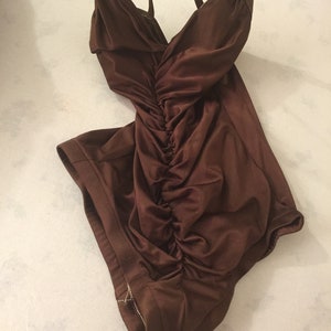 Stunning Robby Len Vintage Silky Brown Metallic One Piece Swimsuit Gathered Ruched Shorts Open Back Halter image 4