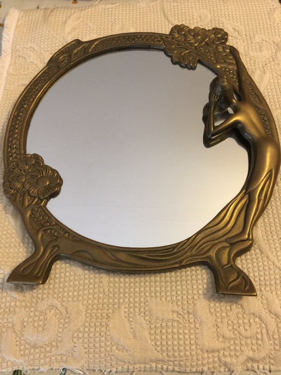 Vintage Art Deco Brass Table Top Mirror Lady Nymph Nouveau Vintage Art Deco Brass Table Top Mirror