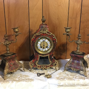 Antique French Boulle Clock Mantel Clock and Candlesticks Set 8 Day Red Shell & Bronze Brass  Ormolu clock Blue Porcelain Key Pendulum
