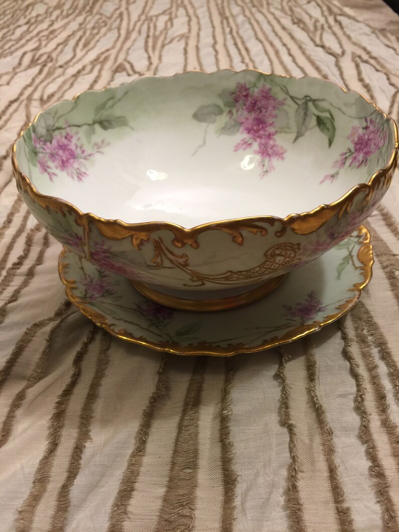 Vintage Antique Punch Bowl Porcelain T&V France 2pc Gilt Trim Plate