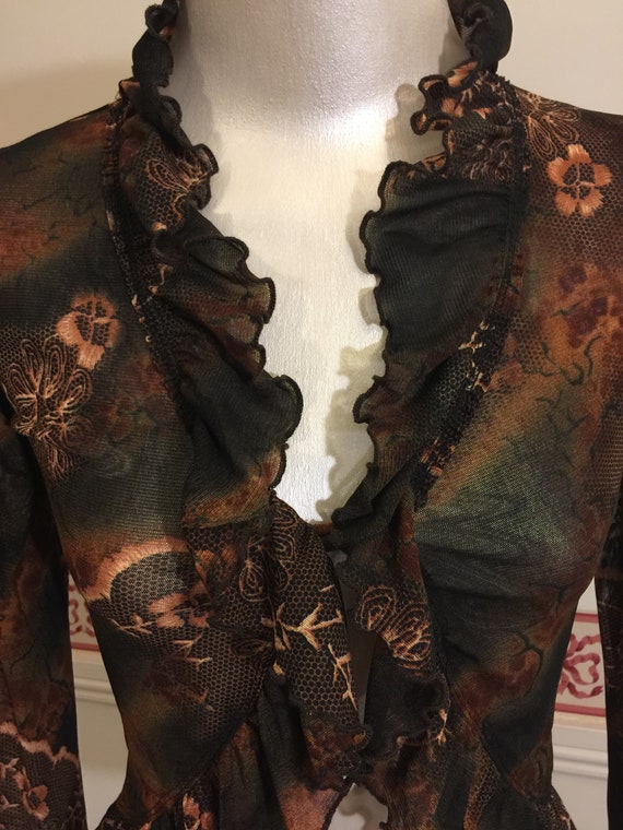 Vintage Dragon Jersey Knit Ruffled Blouse Sheer K… - image 1