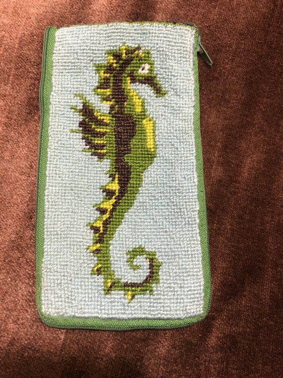 Hand Needlepoint c1976 Seahorse Eyeglass Case