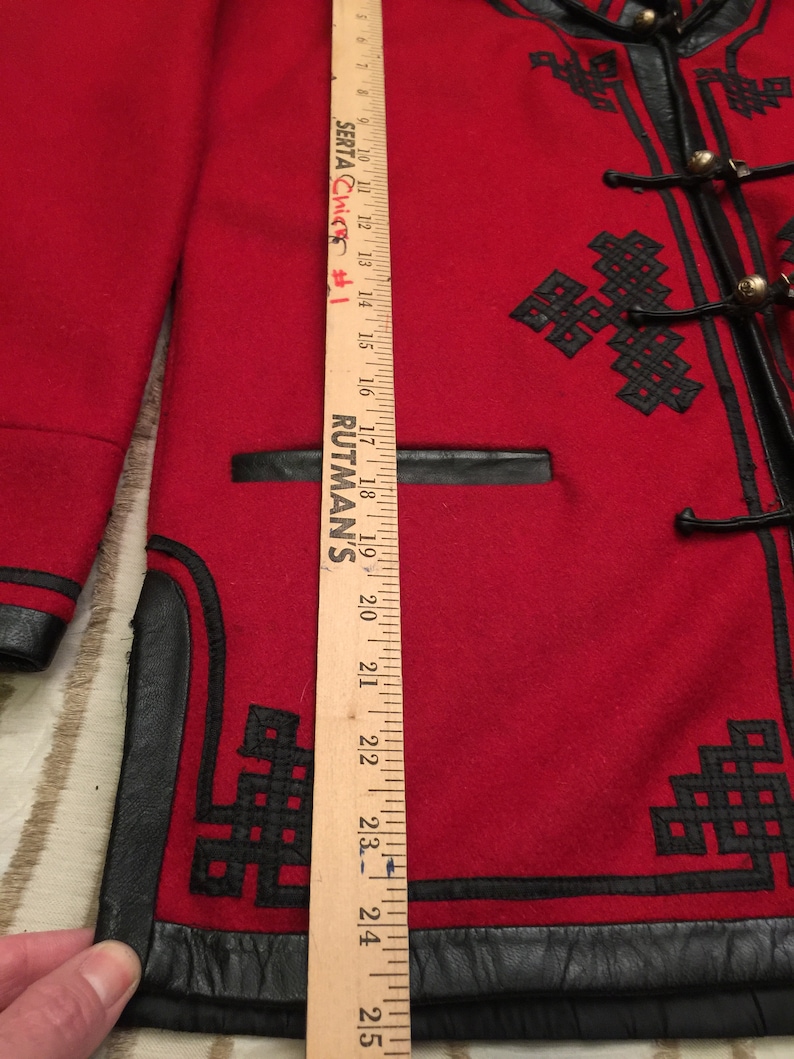 OOAK Stunning Vintage Red Wool Coat Asian Toggle Leather Trimmed Coat Blazer Top Mock Neck Mongolian Felt Silver Brass Buttons