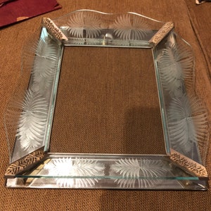 Vintage Italian Picture Frame Engraved And Ground Crystal Plates Etched Hall Mirror