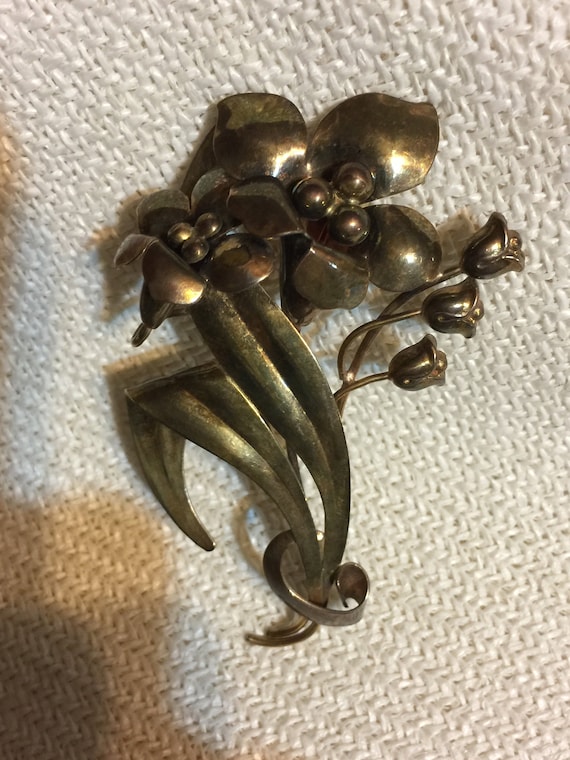 Gold Floral Brooch Pin Vintage Silver & Vermeil 1… - image 1
