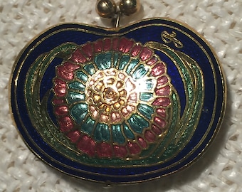 Stunning Gold Enamel Necklace Guilloche Metallic Bean Beaded Blue Green Gold Pendant Flower Vintage masterpiece JR 24" Kidney Prism Gift